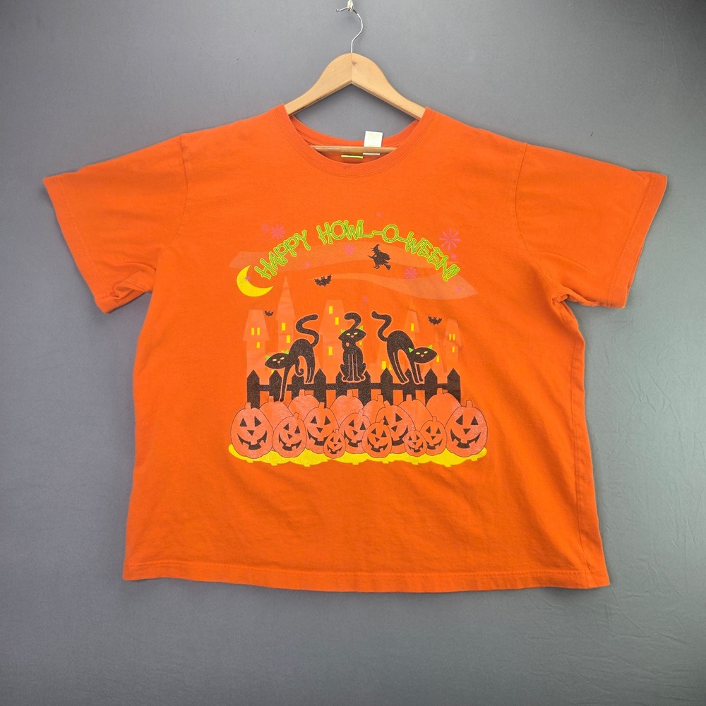 Spider Halloween T-Shirt Happy Howl-O-Ween Cats Pumpkins 3XL Orange Glitter Y2K
